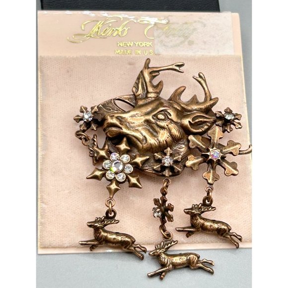 Kirks Folly Deer Reindeer Pin Brooch Dangles Snowflakes New Old Stock On Card - Picture 1 of 5